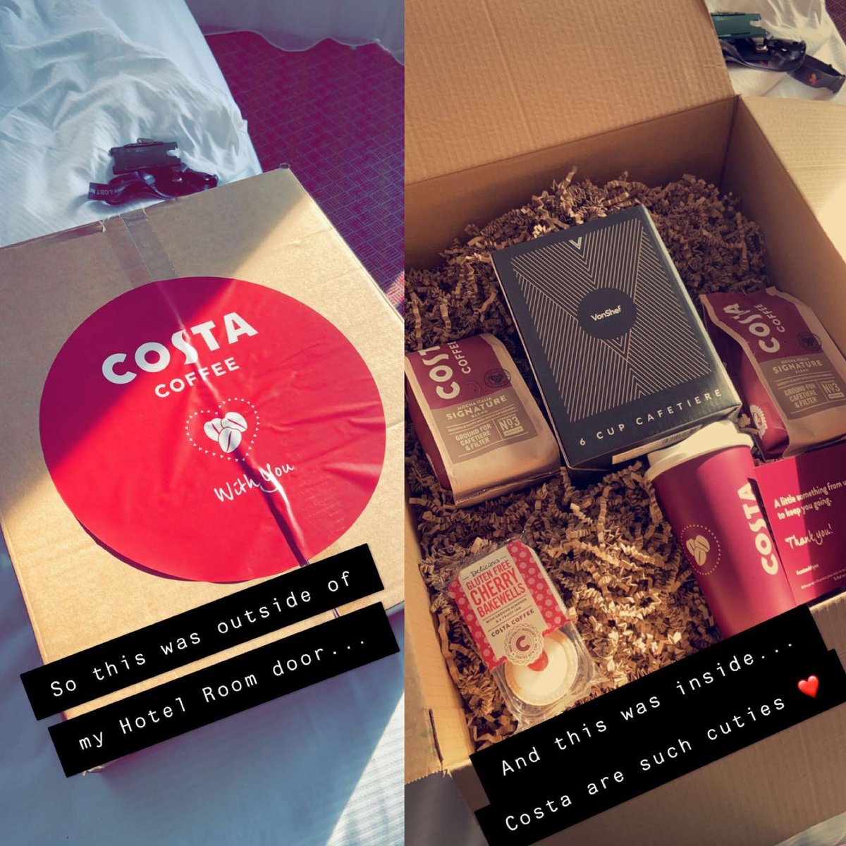 KMulligan97's tweet photo. Staying away from home is tough at times but I’m doing it to support the #COVID19 Response. To open my door after waking up from my night shift to see these gifts at each room from the team at @CostaCoffee was overwhelming! Thank you to the team it is is amazing! ❤️ #costawithyou https://t.co/VH1X74T0xM