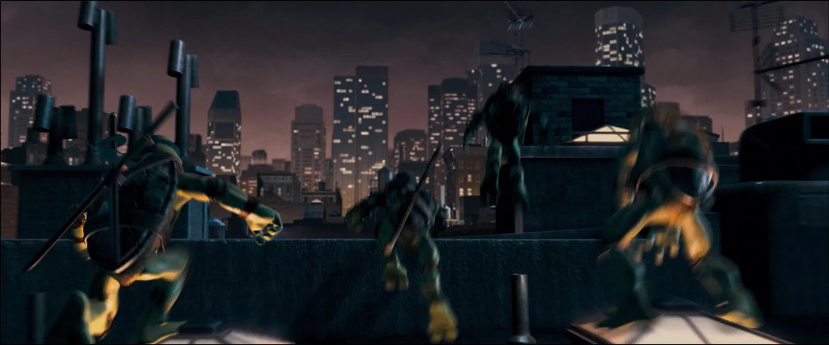 Being fair Aesthetically I do dig the design and the silhouette of them bouncing from building to building is Cool, but still this wouldve been Better if Shredder was the Main Villain of the movie but onward with the rewatch  #TMNTRewatch