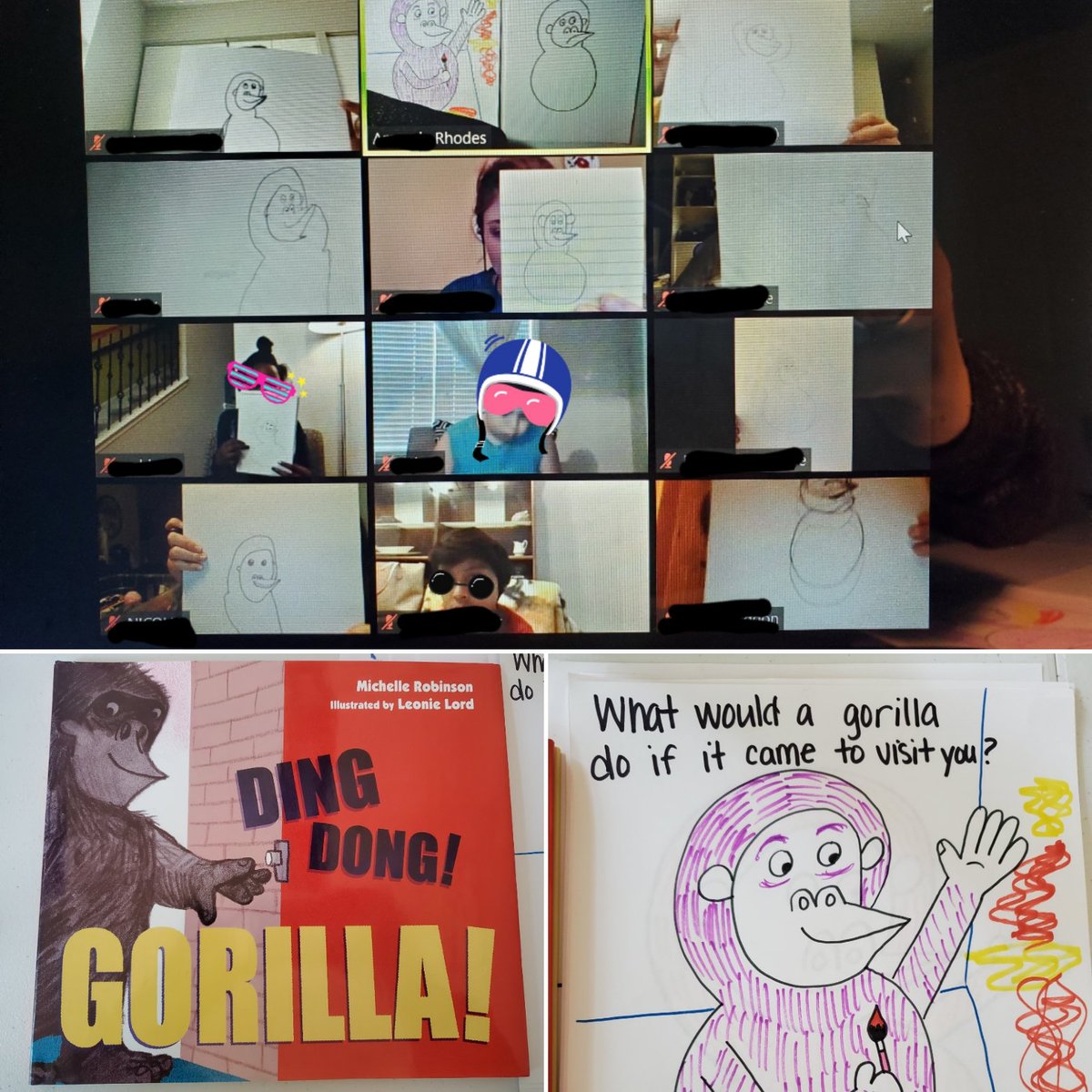 BrownleeAmanda's tweet photo. I have really enjoyed distance learning through video calls! My 2s read a book about a visiting gorilla and then drew artwork to show their own ideas. It is so nice to get to see their sweet faces! #cobbartrocks #ksepride #kseart https://t.co/A4NPZrKwmF