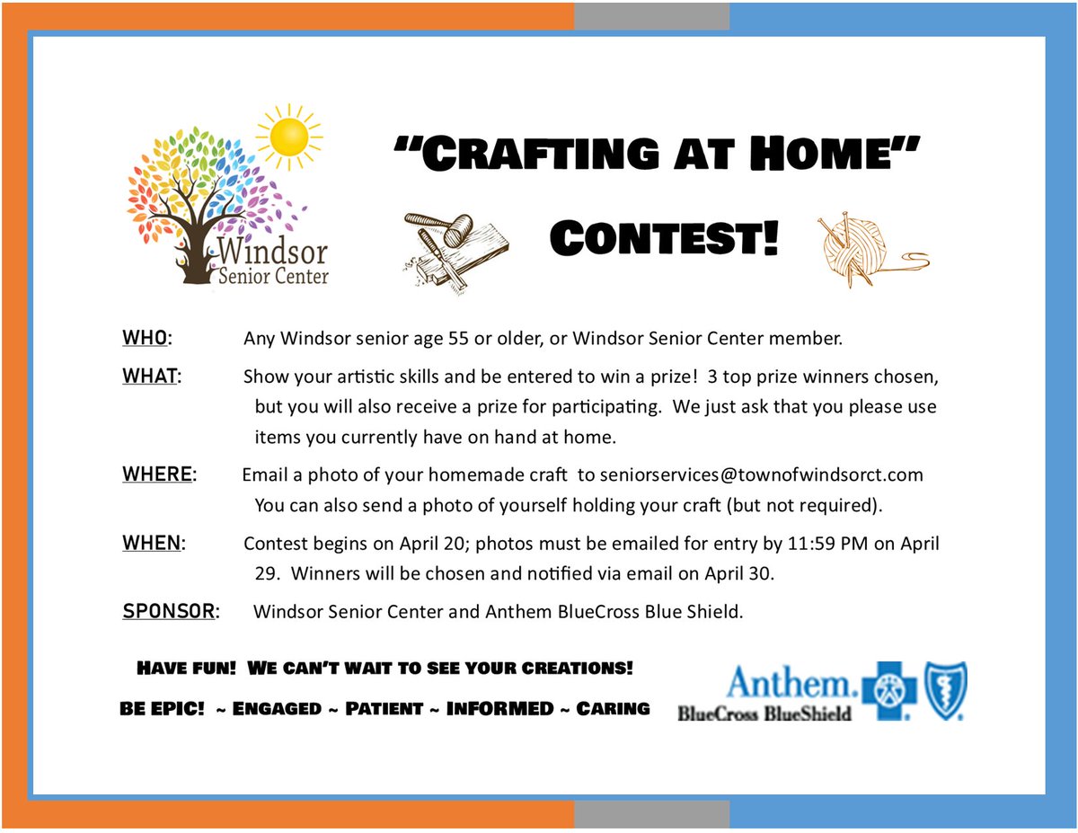 WindsorSeniors's tweet image. Seniors 55+ ENTER OUR CRAFTING AT HOME CONTEST!  Prizes, prizes, prizes!!!  Deadline to enter is by 11:59 PM April 29.  Winners notified April 30.  Email a photo of your creation to seniorservices@townofwindsorct.com  Have fun and good luck! #winvalue #crafts #seniors #COVID19