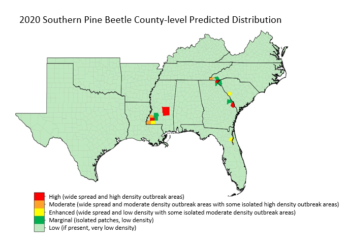 usfs_srs's tweet photo. A 2020 forecast of southern pine beetle outbreak risk & severity in the Southeast, developed by @USDAClimateHubs #SoutheastClimateHub & @USFSRegion8 #ForestHealthProtection: https://t.co/iCFFKKAJ5v https://t.co/WcpOBI3WiI