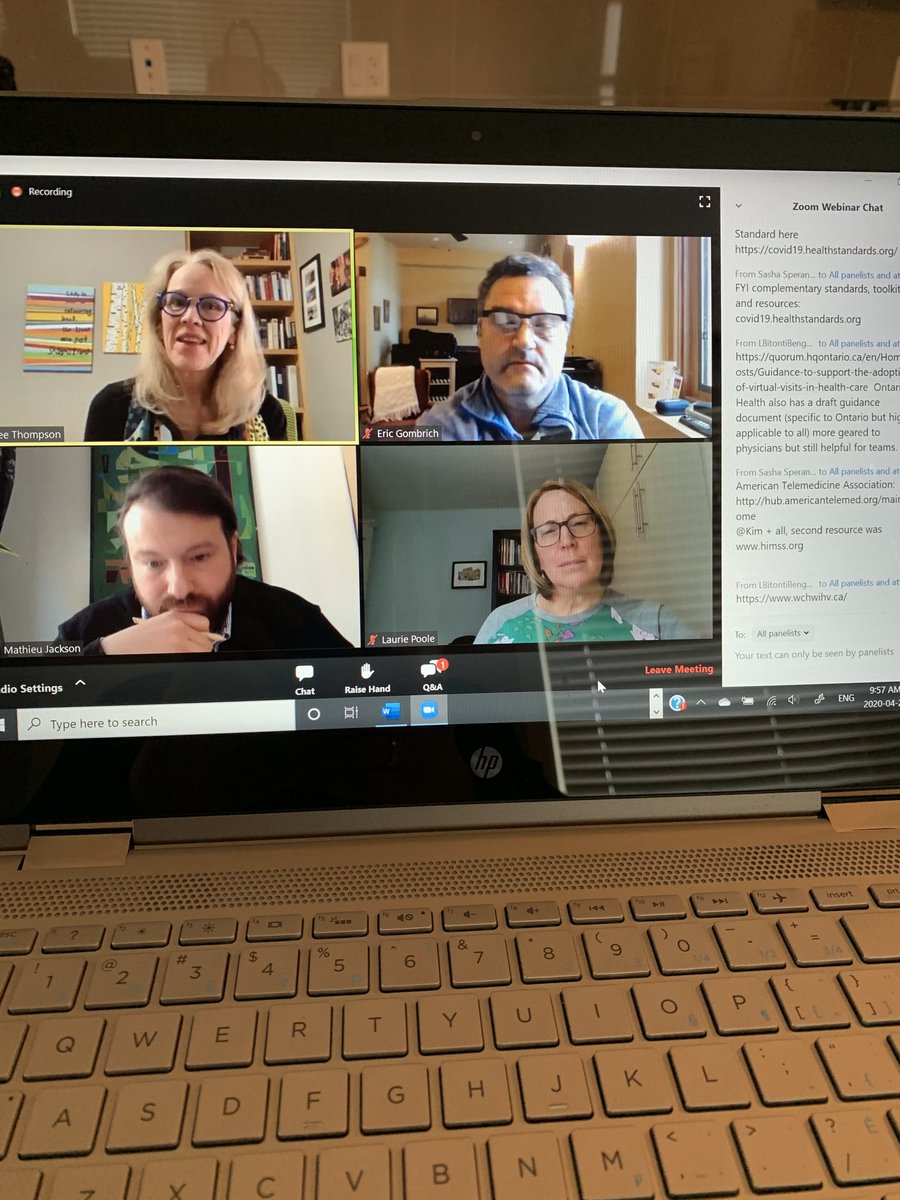 DThompsonCHE's tweet photo. Thanks ⁦@CCHL_CCLS⁩ and ⁦@HSO_world⁩ ⁦@AccredCanada⁩ ⁦@Leslee_Thompson⁩ for today’s excellent webinar on #VirtualHealth. Very timely. A great panel sharing a variety of perspectives - genie is out of the bottle, be humanist, care includes virtual care. https://t.co/fgnWKDYLlu