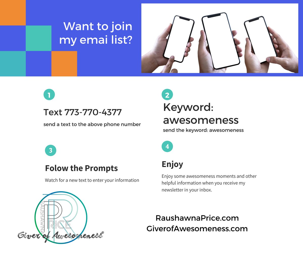 raushawna_price's tweet image. I invite you to text the keyword, "awesomeness" to 773-770-4377 and follow the prompts to join my Email list.  I love staying connected, don't you?  #texttojoin #emailsignup