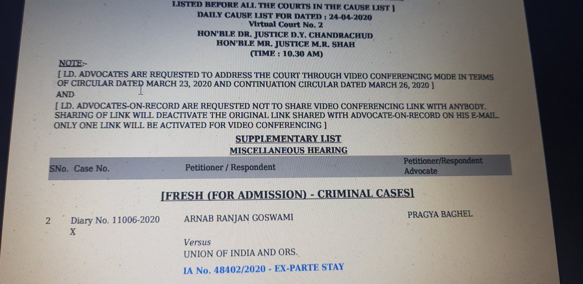 Arnab Goswami moves Supreme Court for quashing FIRs against him. Bench of justices DY Chandrachud and MR Shah to hear the case tomorrow.