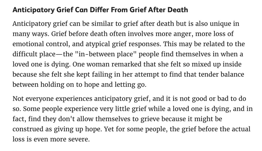 ...first, anticipatory grief serves as the driving focus Ahmed’s story, as it gives rise Kamala’s other two inner conflicts.Anticipatory grief is grief that occurs before the death of a loved one, and can sometimes result in more severe symptoms than normal grief...