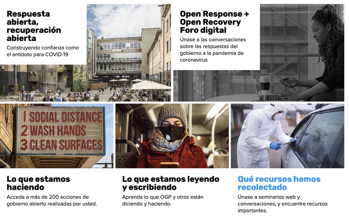 Encuentra recursos, eventos virtuales, blogs y más de toda la comunidad #gobabierto, y comparte lo que está haciendo tu organización o gobierno para promover la transparencia, la inclusión y la capacidad de respuesta durante #COVID19. bit.ly/recuperacion-a…