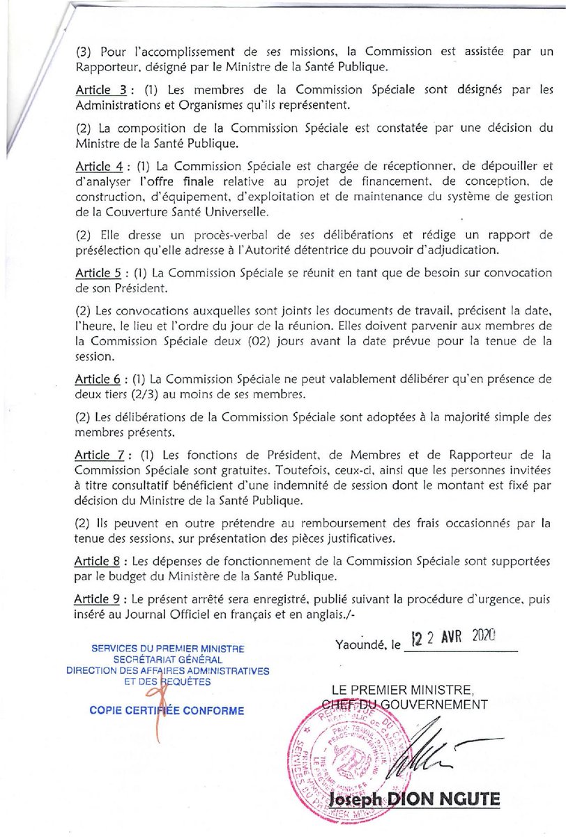 Arrêté n° 043/PM du 22 avril 2020 portant création, organisation et fonctionnement d'une Commission Spéciale des Contrats de Partenariat pour le projet de financement, de conception, de construction, d'exploitation, d'équipement et de maintenance du système de gestion de la CSU.