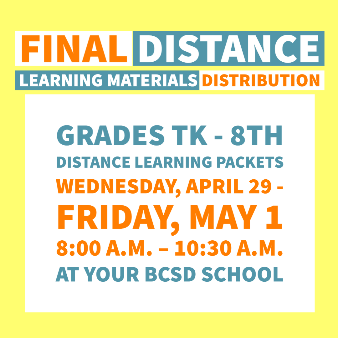 ⚠️FINAL⚠️Distance Learning Materials distribution set for next week.  Your school may have additional distribution days and/or hours.  Please check with your school.  #TeamBCSD #BCSDLearns