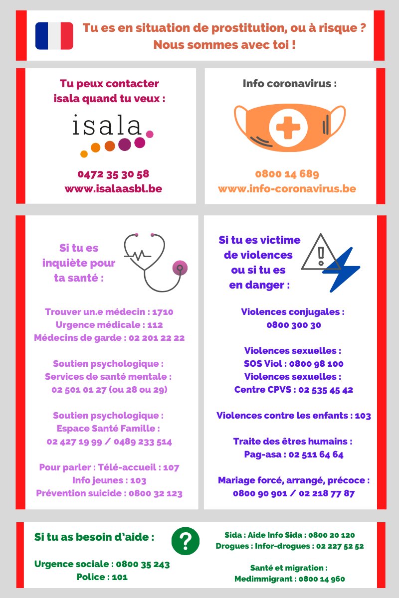 Nous avons créé ces visuels en 7 langues avec les contacts clés pour soutenir les personnes en situation de prostitution ou à risque - téléchargeables ici EN-FR-ES-IT-PT-AL-BG isalaasbl.be/15-cat-actuali… #SolidariteCOVID19
