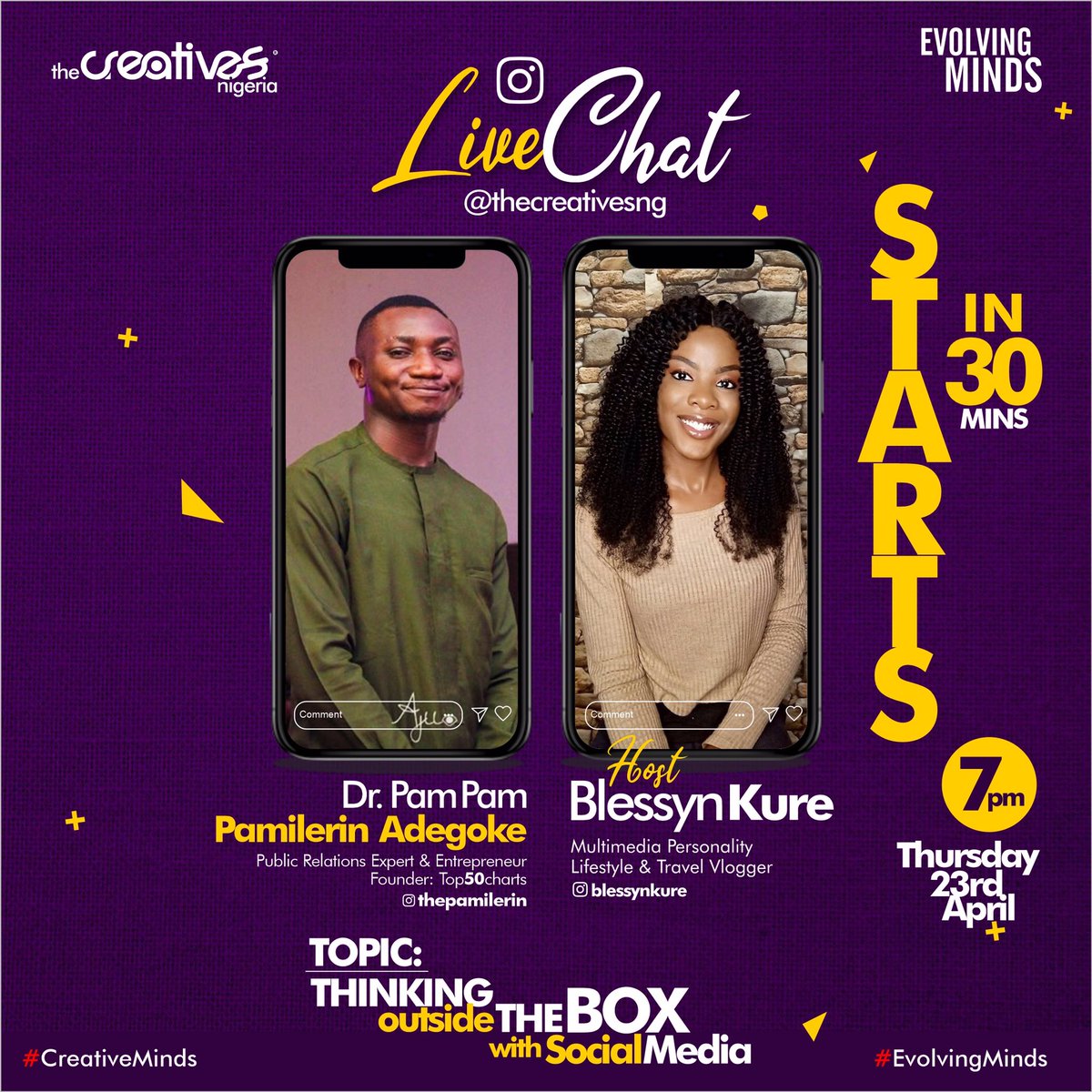 Radiokelv's tweet image. Happening in 30mins! @UnclePamilerin x @BlessynKure on #EvolvingMinds