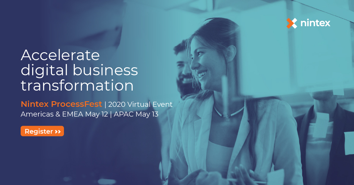 Nintex's tweet photo. For many, #digitaltransformation has vaulted from 'nice-to-have' to 'must-have,' in an attempt to keep pace with recent business challenges. We can help! https://t.co/jgehOOv1mi #thepowerofprocess #NintexProcessFest #inthistogether #virtualevent https://t.co/ii1xj4EhZT