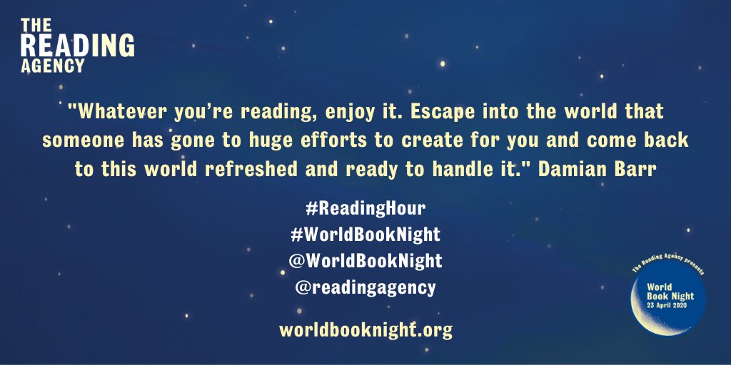 WorldBookNight's tweet image. "Whatever you’re reading, enjoy it. Escape into the world that someone has gone to huge efforts to create for you and come back to this world refreshed and ready to handle it."

Thanks @Damian_Barr wise words for the #WorldBookNight #ReadingHour. 

Enjoy it 💙