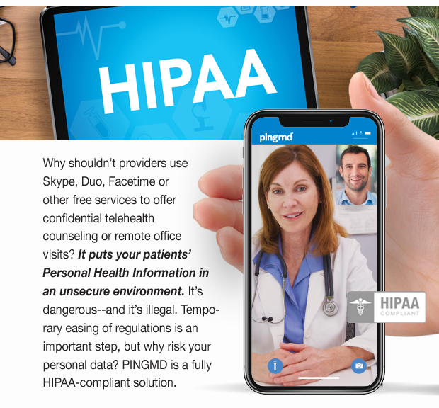 pingmd's tweet photo. Compliance matters - and that's why at pingmd we're 100% HIPAA secure. Safer for you and safer for your clients. https://t.co/ypspAMIujt See what all the buzz is about!
#pingmd #telehealth #medical #healthcare #socialdistancing #HIPAACompliant https://t.co/FGyEGFby10