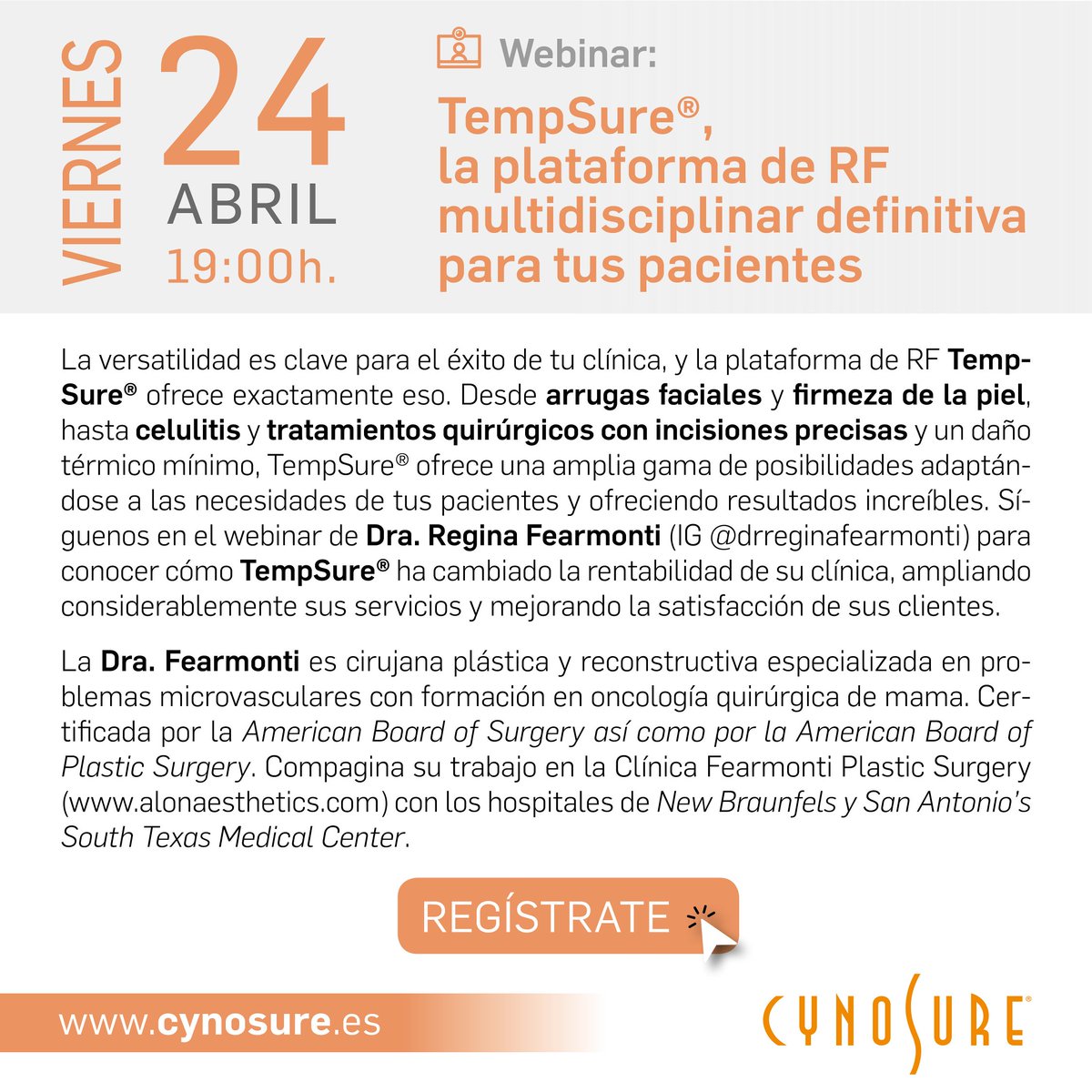 CynosureSpain's tweet photo. 🎓 #CynosureUniversity presenta su próximo #CynosureWebinar ¡No te lo pierdas! 👉🏻 Viernes 24 abril / 7 PM 👉🏻 “#TempSure®, la plataforma de #RF multidisciplinar definitiva para tus pacientes”, con la Dra. Regina M. Fearmonti @drreginafearmonti (San Antonio, Texas, USA) 👩🏻‍⚕️ https://t.co/mgCkJg29lu