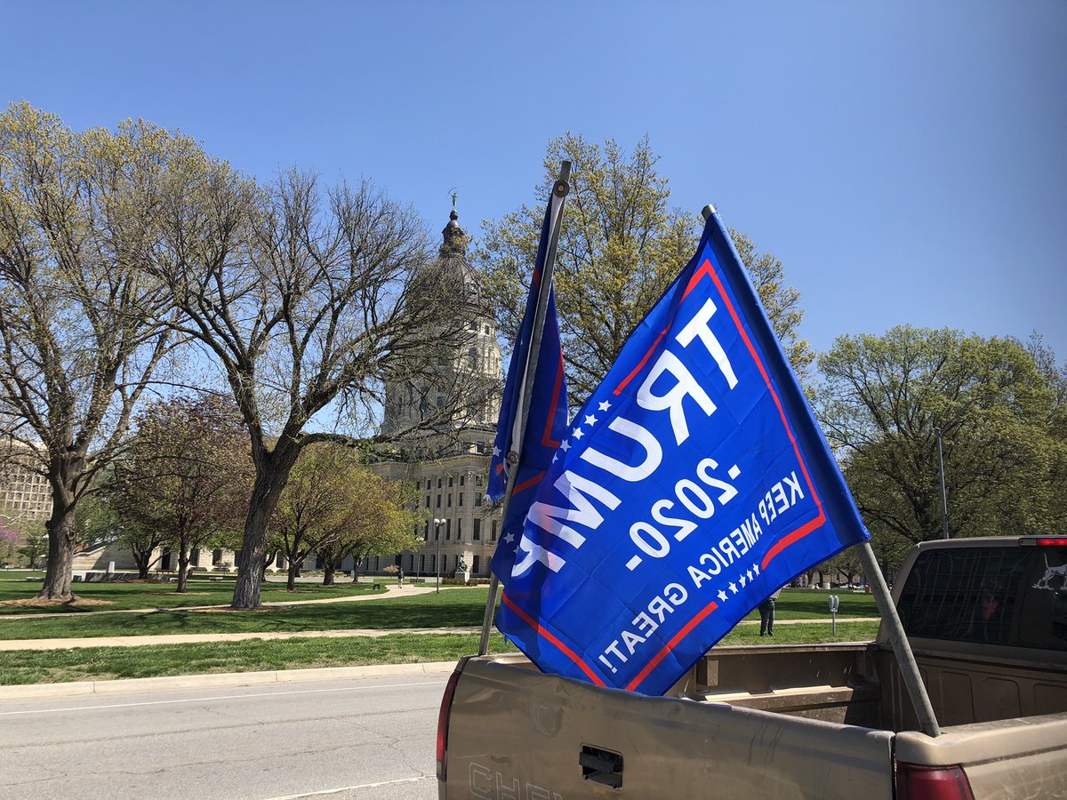 KCMikeMahoney's tweet photo. A lot more Trump flags and hats in Topeka Thursday at the  end the shutdown rally. Certainly compared to the rallies in Kc Or Jeff City. #ReopenKansas. #KMBC https://t.co/YpYhYWbXLG