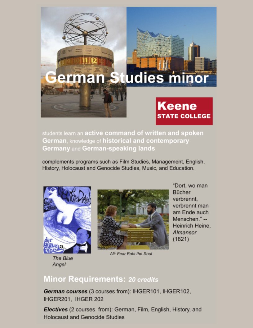 GermanKeene's tweet photo. The new German Studies minor is here! Some big changes: IHGER 101 and 102 count, and the electives! https://t.co/cGuFO8KENE