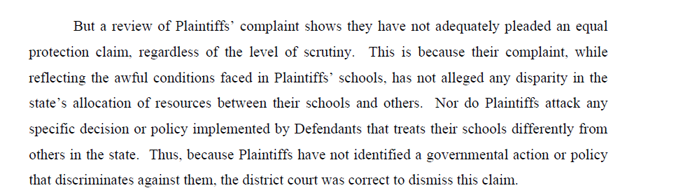 On equal-protection, the 6th Circuit said the children who are suing need to specifically allege HOW Detroit kids are being treated differently than others in the state. If this case goes back to the district court, the court will have discretion to let them make that claim. /6