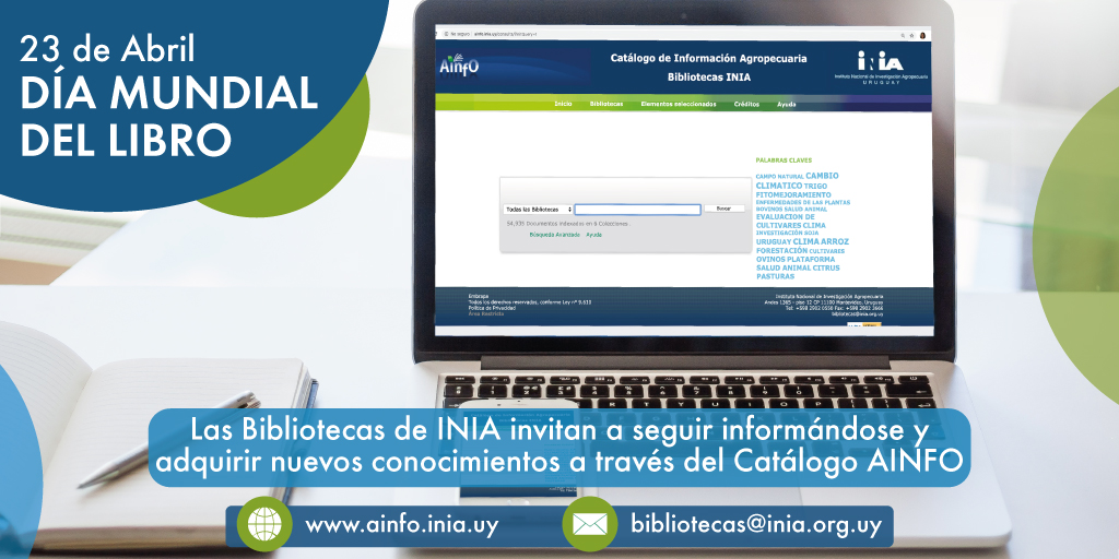 INIA_UY's tweet photo. En el #DíaMundialDelLibro las Bibliotecas de @INIA_UY recuerdan que en el portal #AINFO hay cientos de publicaciones de acceso libre, con información para el sector agropecuario, estudiantes y población en gral.
https://t.co/5meSODpOwo #bibliotecadigital #YoMeQuedoEnCasaLeyendo https://t.co/EhnXuAkYgb
