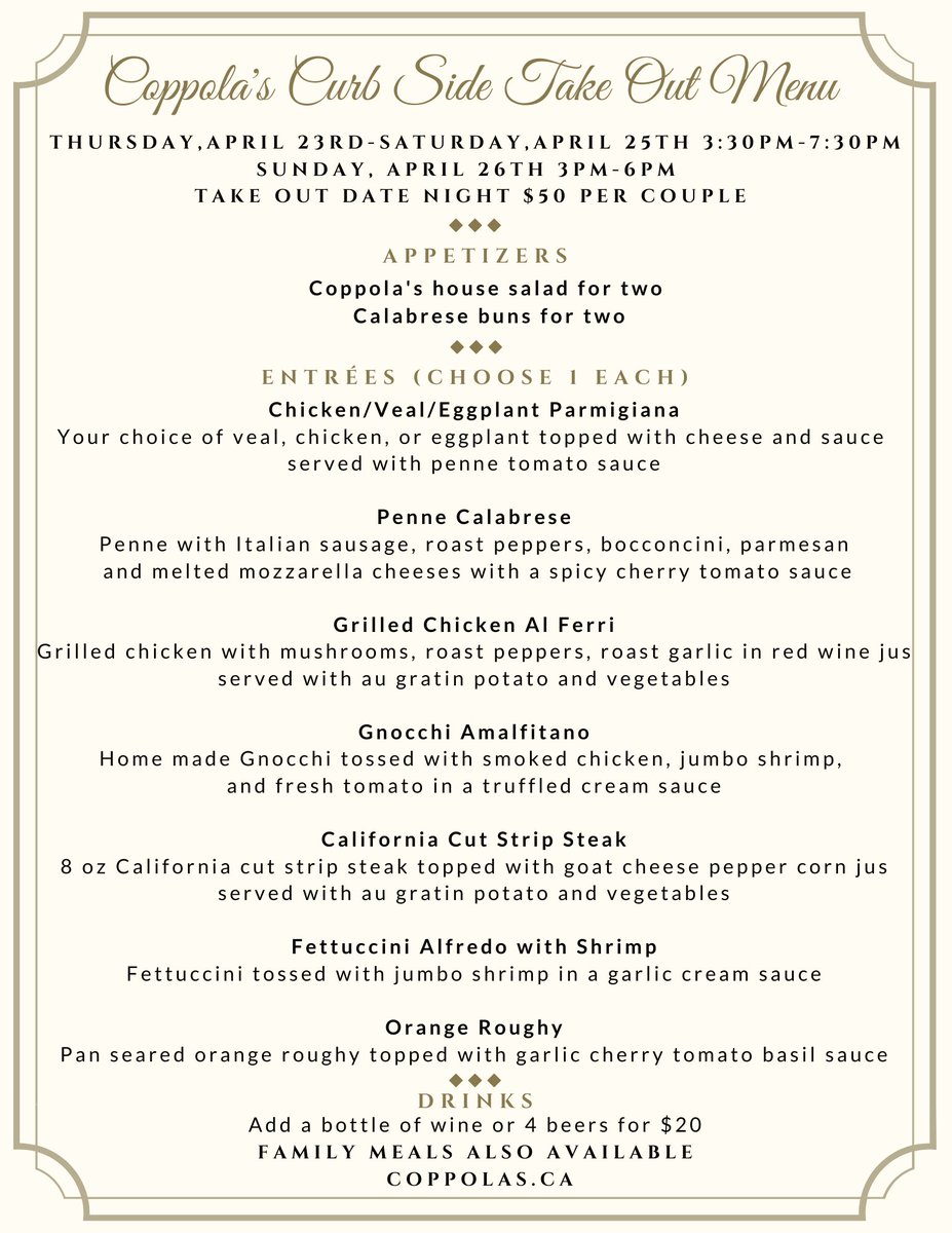 coppolasristo's tweet photo. #Coppolas #takeout #thanksforyoursupport #louweeg #datenight #stcatherinelockdown #stcatharines #menu #restaurants https://t.co/4PGuUdJdjo