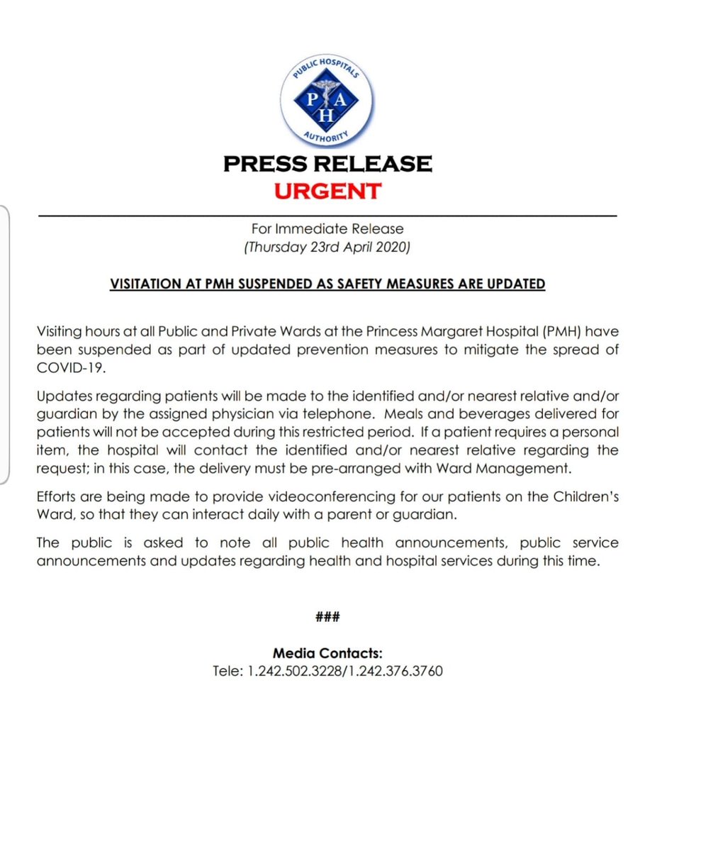 Public Hospitals Authority announced today that visitation at the Princess Margaret Hospital has been suspended as a part of an update of safety measures. #covid19bahamas