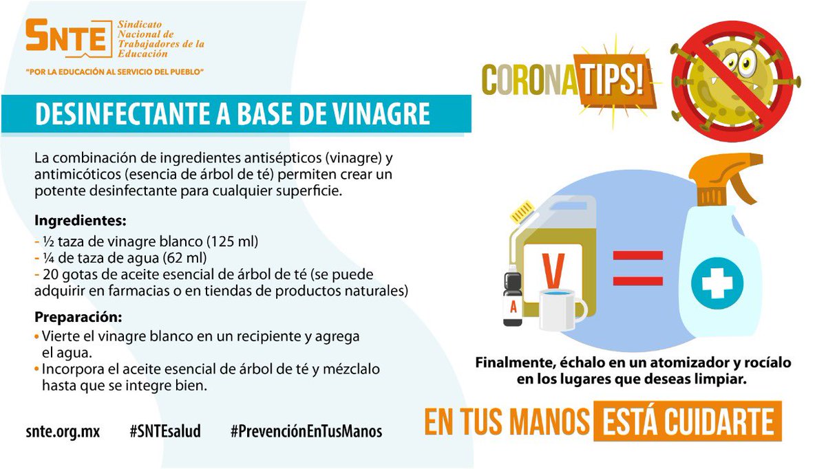 #SNTEsalud ⚕
Tip para elaborar desinfectante #México 🇲🇽 #23deAbril #SNTEaTuLado #YoMeQuedoEnCasa #cuarentena #coronavirus