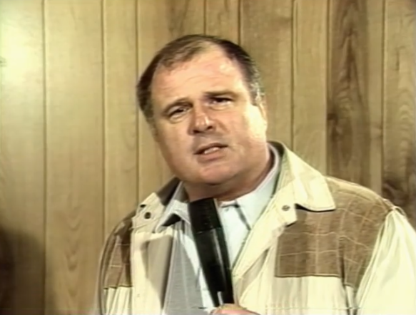 Later Bill Watts has an update, which is that DiBiase has DEMANDED he get his world title match with Ric Flair. He warns us, though: "if the bandage comes loose, it could get very gory." Use parental discretion. "We're not gonna stop it for blood! It's gonna go!"