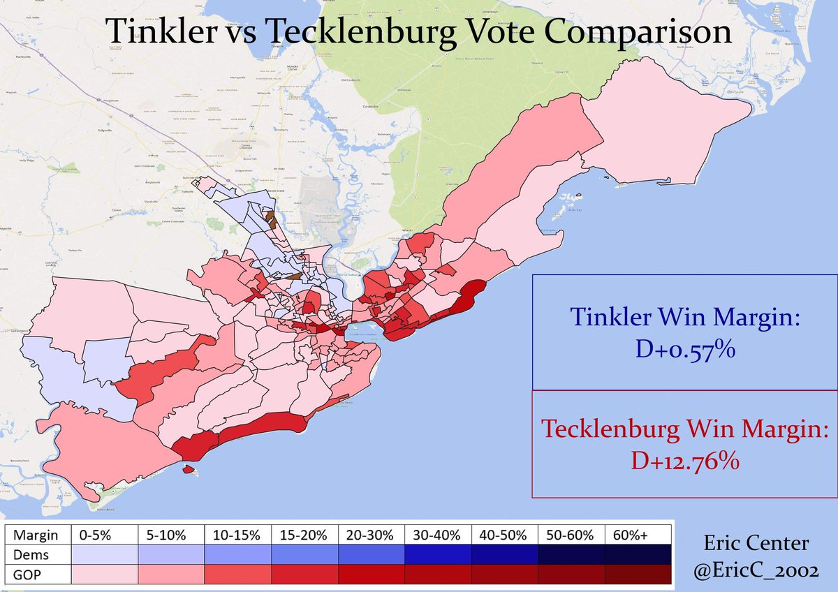 Here's the vote comparison between Tinkler and Tecklenburg. Tecklenburg did better than Tinkler almost everywhere, with notable improvements in Mount Pleasant and West Ashley. Tinkler did better in North Charleston and out in Western Charleston County, around Adams Run.