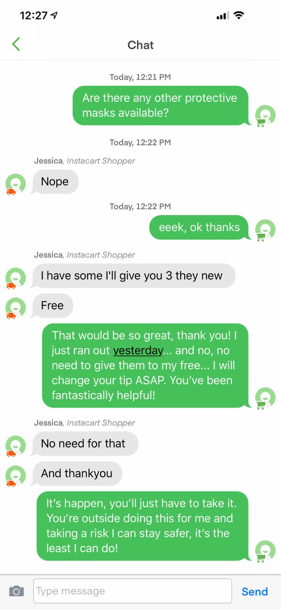 scastano's tweet photo. My @Instacart delivery was arriving and shopper told me the store was out of the masks I ordered, I asked if there were any others. There weren't. Without even a moments notice she offered to give me some of hers free. Thank you for be a fantastic person Jessica. #householdheros https://t.co/BykTn8j5KC