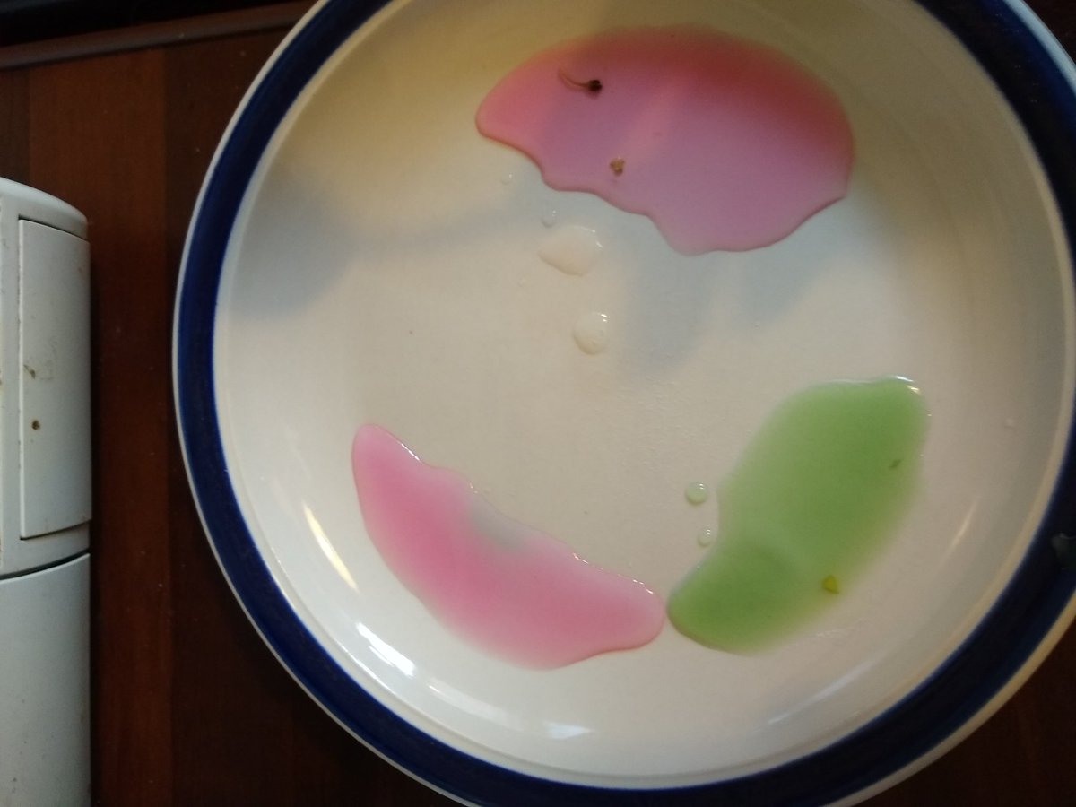 Cooked purple sprouting broccoli for tea tonight. Decided to see if the left over cooking water acts as an indicator (like red cabbage). Answer is yes. Yes it does. Bicab goes green not blue though. (Acids are vinegar &amp; lemon juice).