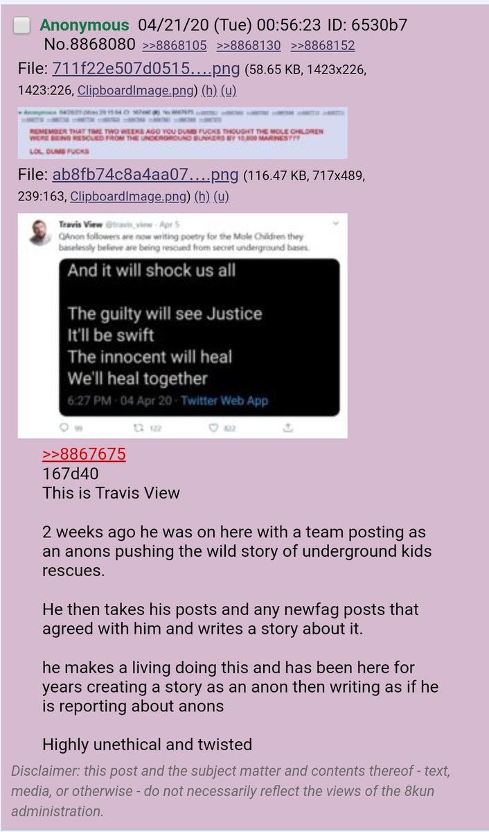 Sometimes 8Kun anons accuse me of pretending to be a QAnon follower and inventing wild claims (like the "mole children" rescue) in an attempt to discredit QAnon.For record, I only lurk on /qresearch/ and I don't think I could've invented the "mole children rescue" theory.