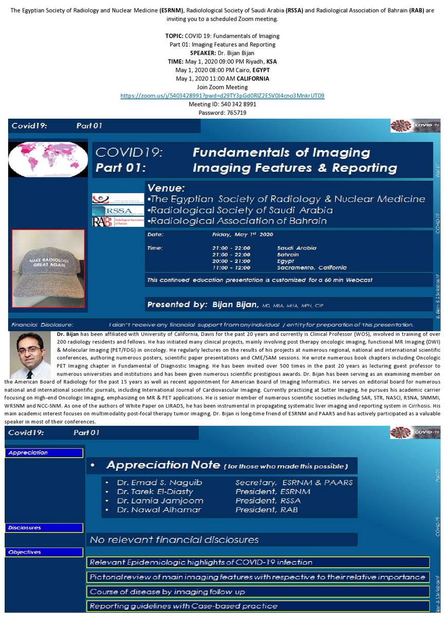 rssafeed's tweet photo. The #ESRNM #RSSA & #RAB are inviting you to a scheduled Zoom meeting.
๐ขCOVID 19: Fundamentals of ImagingPart 01: Imaging Features and Reporting
๐จโโ๏ธDr. Bijan Bijan (CALIFORNIA)
๐๏ธMay 1,2020
๐09:00 PM Riyadh,KSA
https://t.co/e7bi53GDKO
Meeting ID: 540 342 8991
Password: 765719 https://t.co/tp22ygMZvc