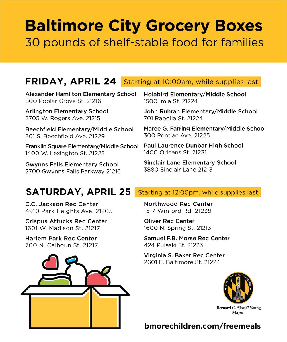 This Friday and Saturday,  @bmorechildren is hosting a grocery box giveaway! 30 lbs of free food while supplies last!  #freemeals  #coronavirusbalt  #covid19  #keepyourdistance  #stopthespread  #weareinthistogether