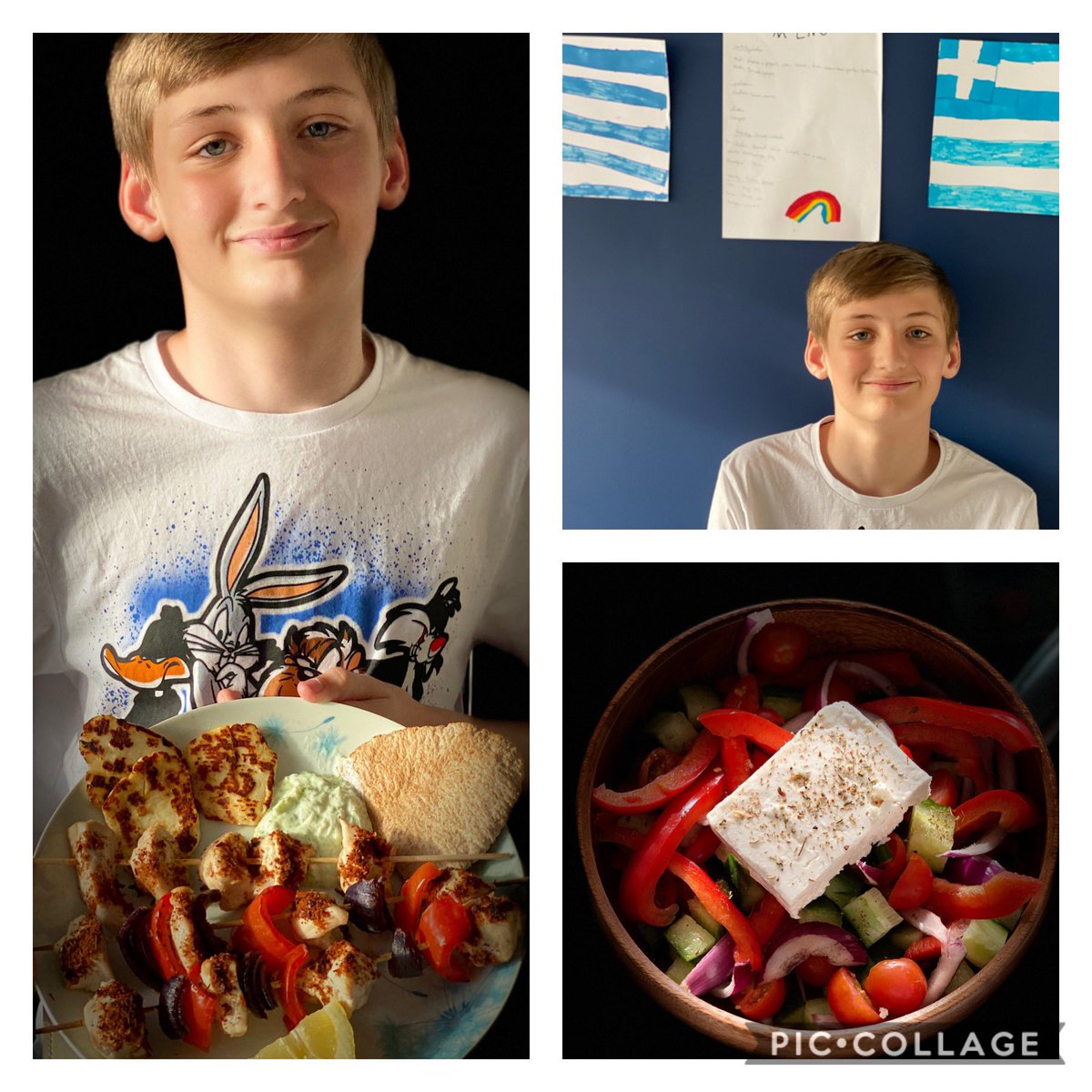 Hc1304's tweet photo. Callum prepared a healthy menu based on food from different countries. Tonight was Greek night and he made us all a fantastic feast of chicken souvlaki, Greek salad, halloumi and tzatziki! @Burnopfield_sch https://t.co/h1S1Al6tXg