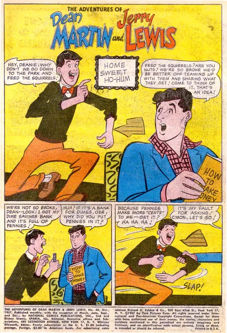 Studying the different ways Oksner (first page) and Post (second) treated Dean and Jerry. Both were masters of cartooning and exaggeration. So good 