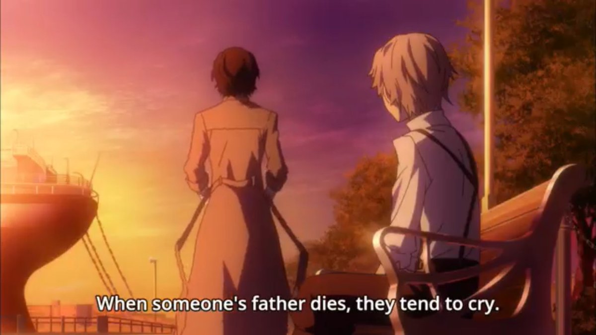 Dazai, beacon of mysteriously irritating wisdom that he is, gives Atsushi the words he needs to hear to let go of his tears before Dazai saunters and leaves his apprentice to his cathartic mourning: