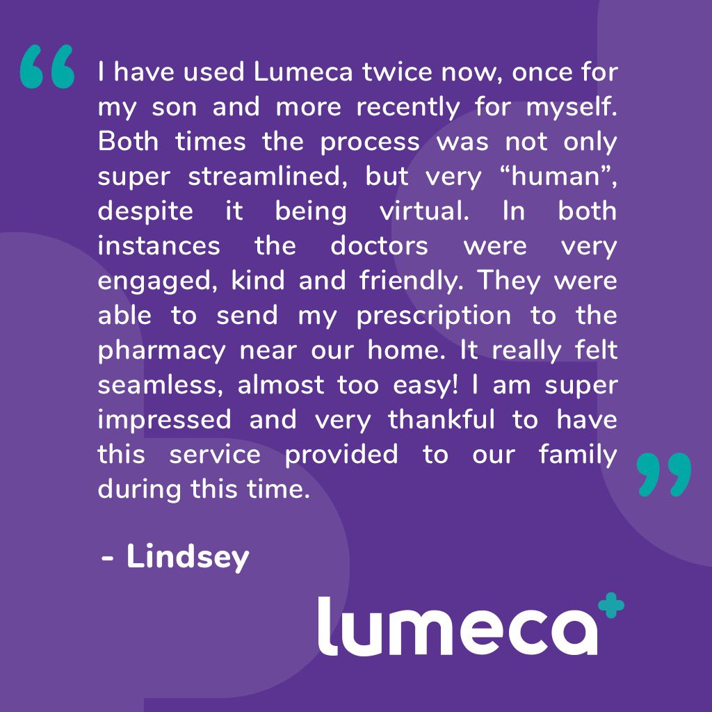 LumecaHealth's tweet photo. Access to healthcare right in your hands. Simple and safe. 💜

Lumeca connects you to Saskatchewan licensed doctors safely and securely through our mobile apps or online. 

Thanks for sharing, Lindsey. 

#Lumeca #WeGetYouBetter https://t.co/bOCgMK1iSj