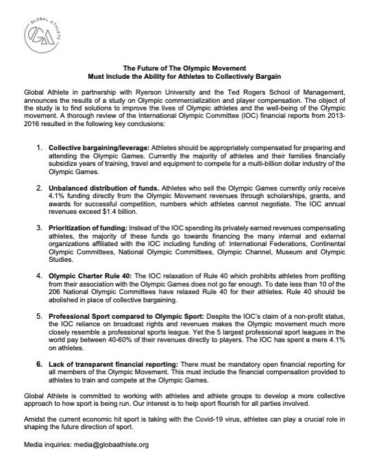 emmajcoburn's tweet image. Fun fact: Athletes competing at the Olympics make $0 in prize money, salary, or bonuses from the International Olympic Committee (even though IOC annual revenue is $1.4 Billion). I repeat....Athletes competing at the Olympics make $0 from the IOC. Read more at @GlobalAthleteHQ