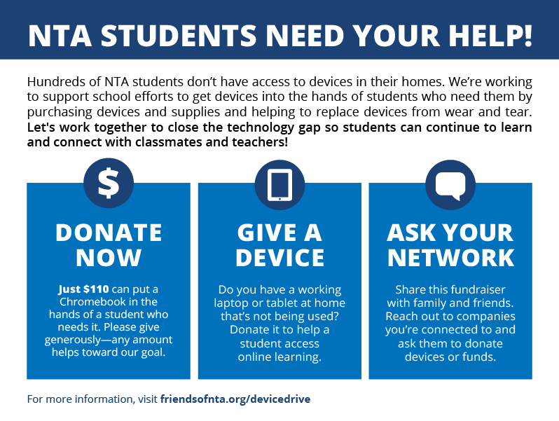FriendsofNTA's tweet photo. Help kids access remote learning and stay connected! We’re fundraising to close the technology gap for NTA students. Give today at https://t.co/XO26FRiLCQ https://t.co/VORqc651n0