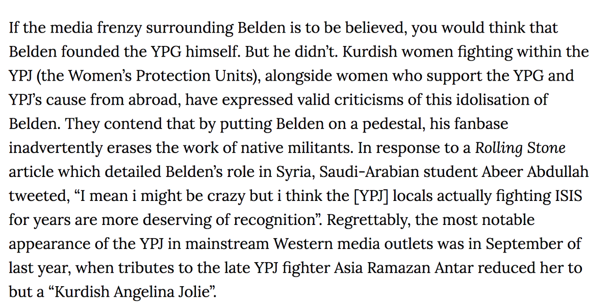 Belden can try and paint himself as some antifascist hero for going to fight with women freedom fighters in Syria, but also...He got famous publicity stunting as the the face of a women's freedom fighter movement and displacing the voices of actual women freedom fighters.
