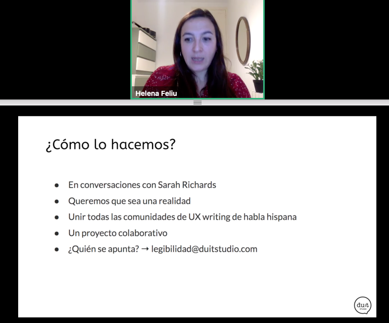 ContentDesignES's tweet photo. "Existe la 'Readability Guidelines' de Sarah Richards, en inglés. ¿Nos sirve? Los aspectos generales del UX Writing sí, pero necesitamos una guía de legibilidad fruto de todas las comunidades hispanas. Puedes unirte: legibilidad@duitstudio.com."

@HelenaFeliu 

#UXWritingMeetup https://t.co/SZDwf756hP