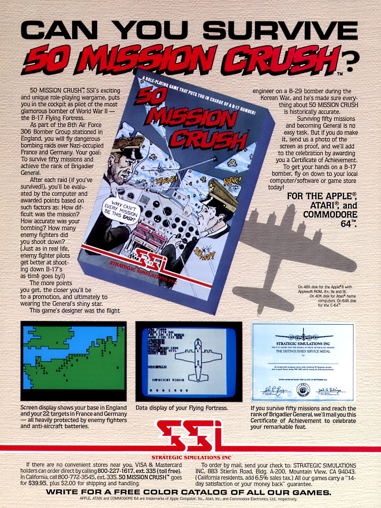 ManxRetro's tweet photo. Game: 50 Mission Crush
Media: Magazine advert
Year: 1983
Platform: C64 | Apple II | Atari 8-bit
Buy this historic game at: https://t.co/34eGlJ3ZbL
#retrogames #retrogaming #GamersUnite #C64 #EverythingC64 #AppleII #Atari #Atari400 #Atari800 #50MissionCrush #StrategicSimulations https://t.co/XgFbmebj8u