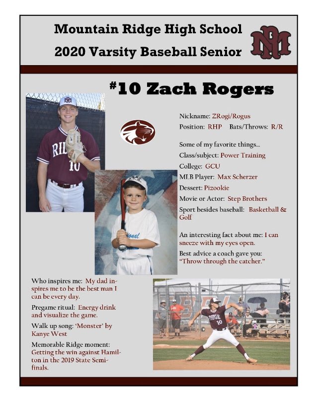 LionBoosters's tweet photo. Next Senior Spotlight is pitcher, #10 Zachary Rogers! Zach’s favorite class is Power Training and he enjoys golfing and playing basketball. Z will play baseball at PVCC next year, with plans to return to GCU his sophomore season. Go get ‘em, Z! #ridgebaseball #ridge2020 #seniors https://t.co/16vtUgkGII