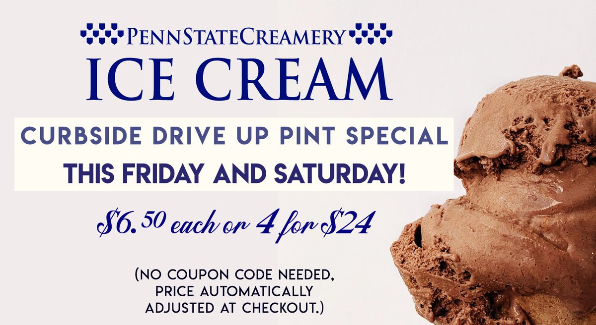 WSPlazaPA's tweet photo. Stock up on @psucreamery Ice Cream for the weekend thanks to curbside pick-up at @macrischoc. Their dessert team is offering a #socialdistancing special tomorrow, April 24, and Saturday, April 25, from 10am to 3pm. $6.50/pint or $24/4 pints

Order at https://t.co/cPcE9NDl8v. #WSP https://t.co/WFHgg64lTO