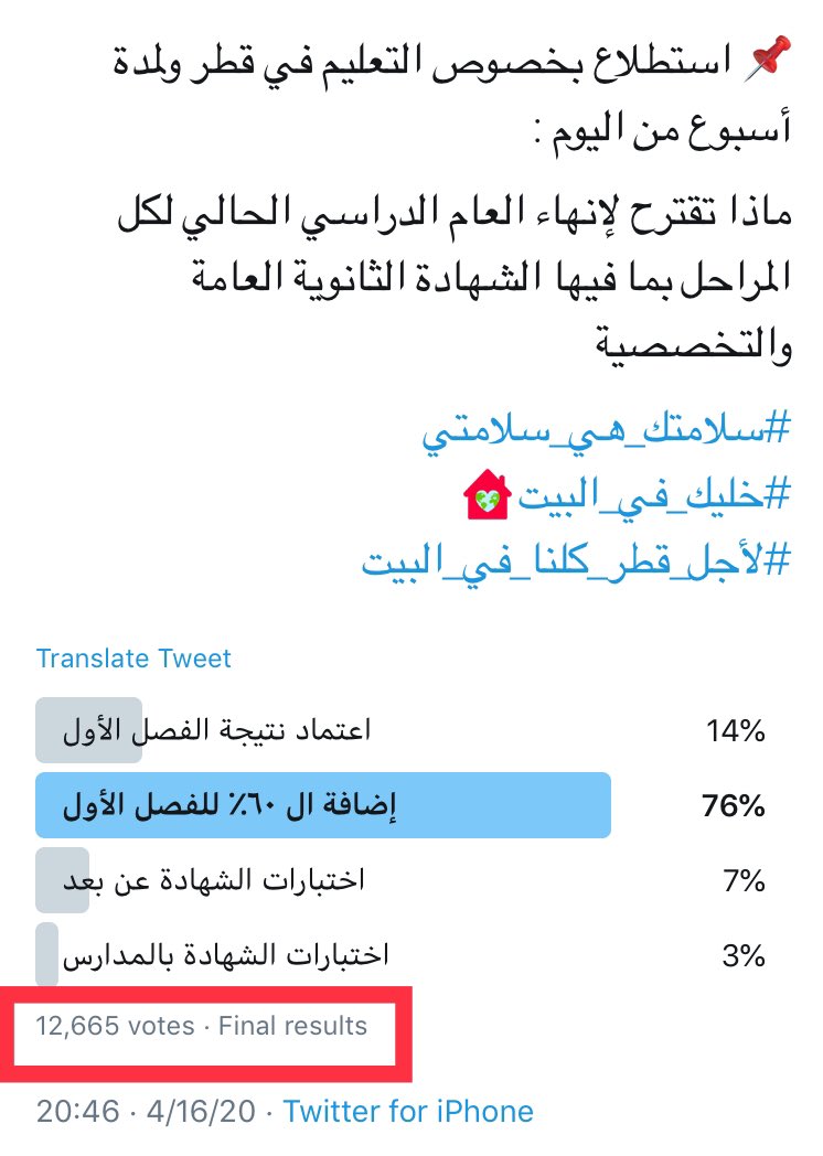 Abdulla_Alamadi's tweet photo. النتائج النهائية لاستطلاع الآراء حول 
اختبارات الثانوية. شارك فيه 12665 شخصاً وكانت النسب النهائية كما في المرفق.. ورمضان كريم وكل عام وأنتم بخير .

📌 نسخة للسادة وزارة التعليم الكرام @Qatar_Edu 

#خليك_بالبيت 
#لأجل_قطر_كلنا_في_البيت
#سلامتك_هي_سلامتي https://t.co/uNzuM5BJ3s