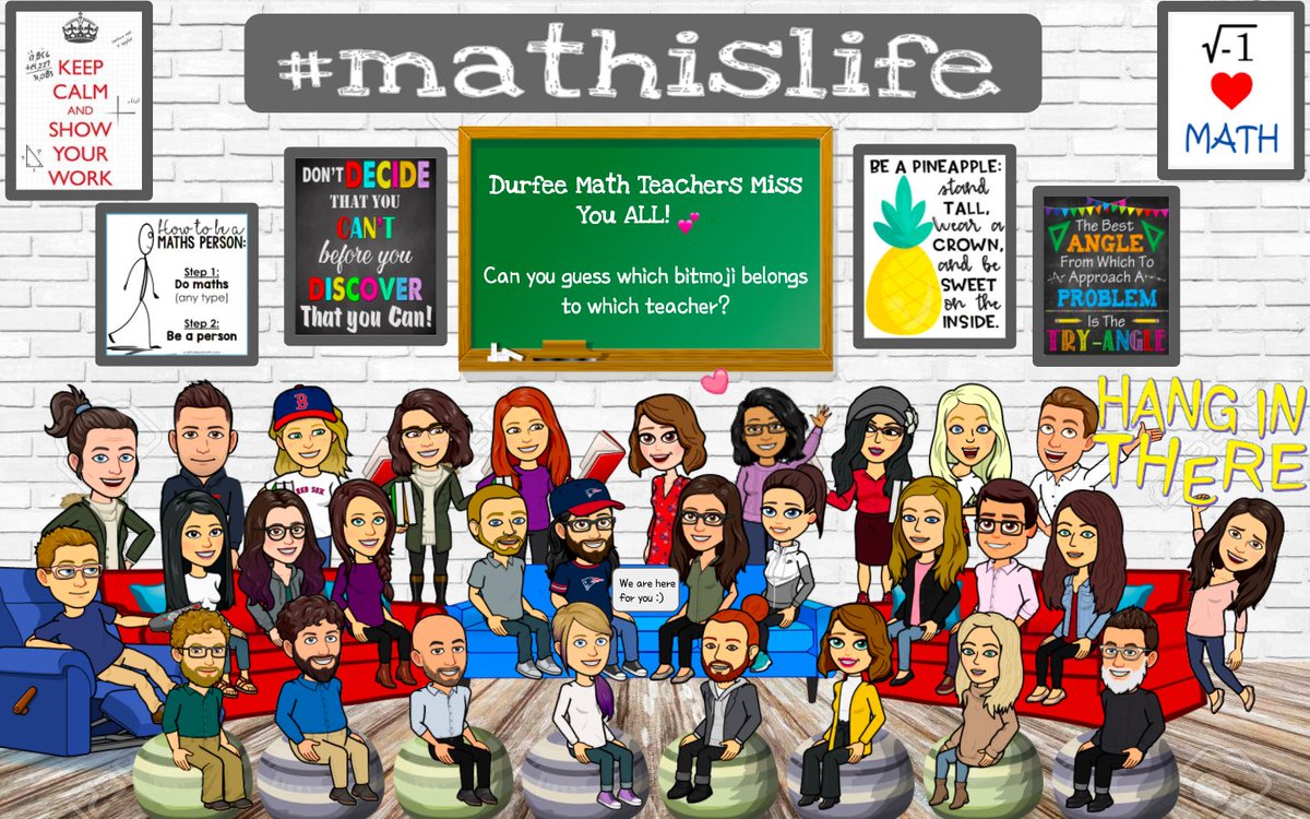 DurfeeMath's tweet photo. Hey Hilltoppers! Your math teachers miss you! Can you guess which Bitmoji is what teacher? Check your student email for a Google Form. Whoever gets the most correct will get a PRIZE sent in the mail! @frps_durfee @durfee2020 @Durfee2021 @Durfee2022 @Durfee2023 @FRPSsupt https://t.co/ZlJ37t7oxt