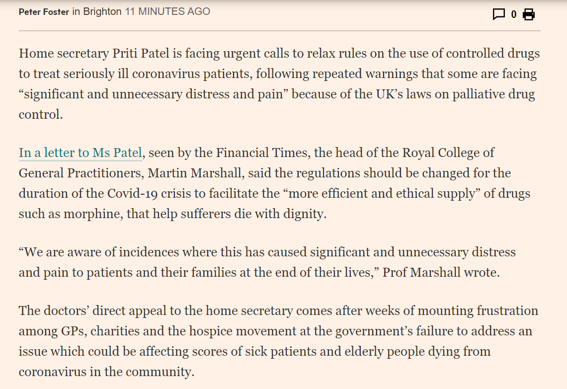 NEW/EXC - deeply shocking story. GPs are STILL begging Home Sec  @patel4witham to relax 'Shipman' rules on prescriptions that mean people are dying at home with  #CoronaVirus facing “significant and unnecessary distress and pain” 1/Thread https://www.ft.com/content/eedbe1cc-5773-4e07-b9a3-76177f9ad7f1