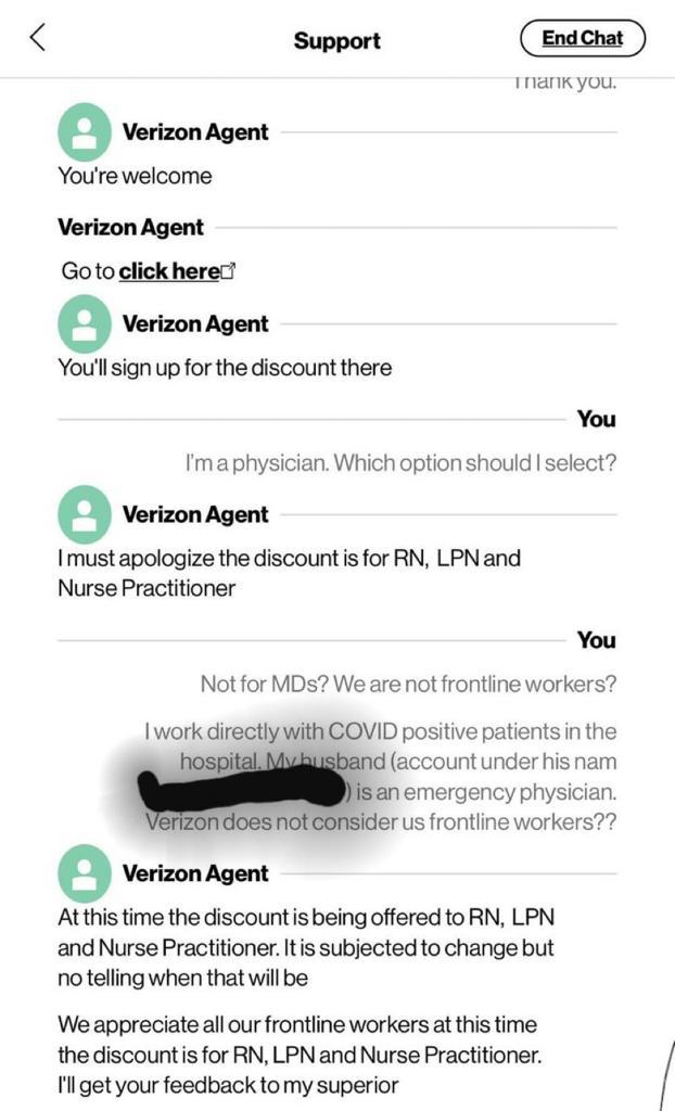 DmitryNYC's tweet photo. @Verizon @verizonfios @VerizonSupport So in the eyes of #Verizon medical #doctors are garbage and aren't considered healthcare workers in the frontline for the battle of COVID-19. Medical residents dying and Verizon can't make the courtesy to extend discounts to doctors. WOW! https://t.co/uuptAvQU7r