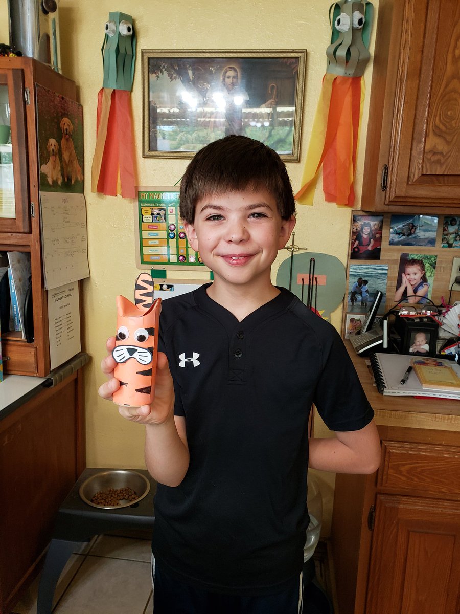MrsSadler5's tweet image. A little bit of art today. EJ made Garfield today using an d toilet paper rolls. #BlantonBulldogs #usingourimagination.