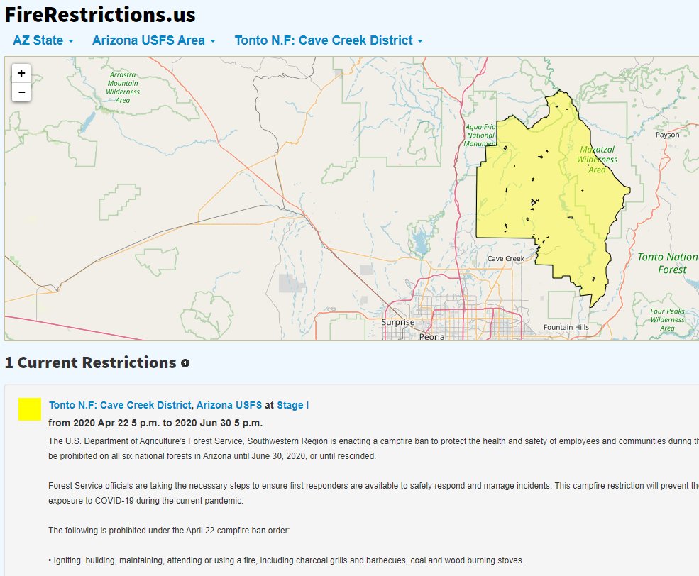 4/5 On  http://FireRestrictions.us/az , once at the unit, you can see a map of the unit and get details of the  #firerestrictions and links to find more information from the Agency/Unit directly.  #AZFire