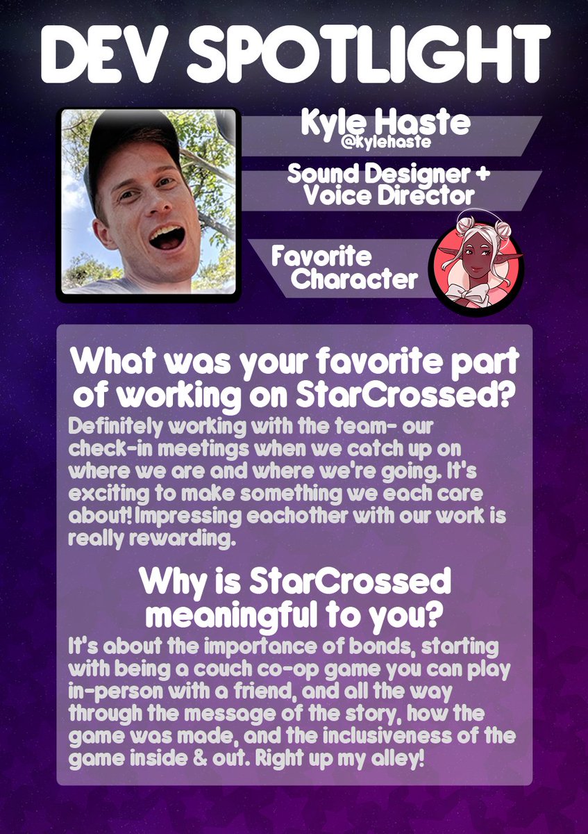 Just a couple more dev spotlights to go!  @kylehaste joined our team recently to help with audio. He directed the voice recordings for the StarCrossed cast and contributed sound effects!He has a background in video games press, voice direction, and sound design!